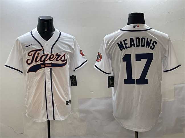 Mens Detroit Tigers #17 Parker Meadows White With Patch Cool Base Stitched Jersey